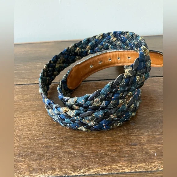 Vintage Leather and Silk Braided Women's Belt in Blue and Gold - Picture 10 of 11
